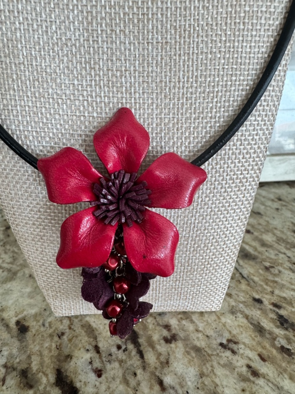 Red Floral Pendant Necklace on Black Cord NWT